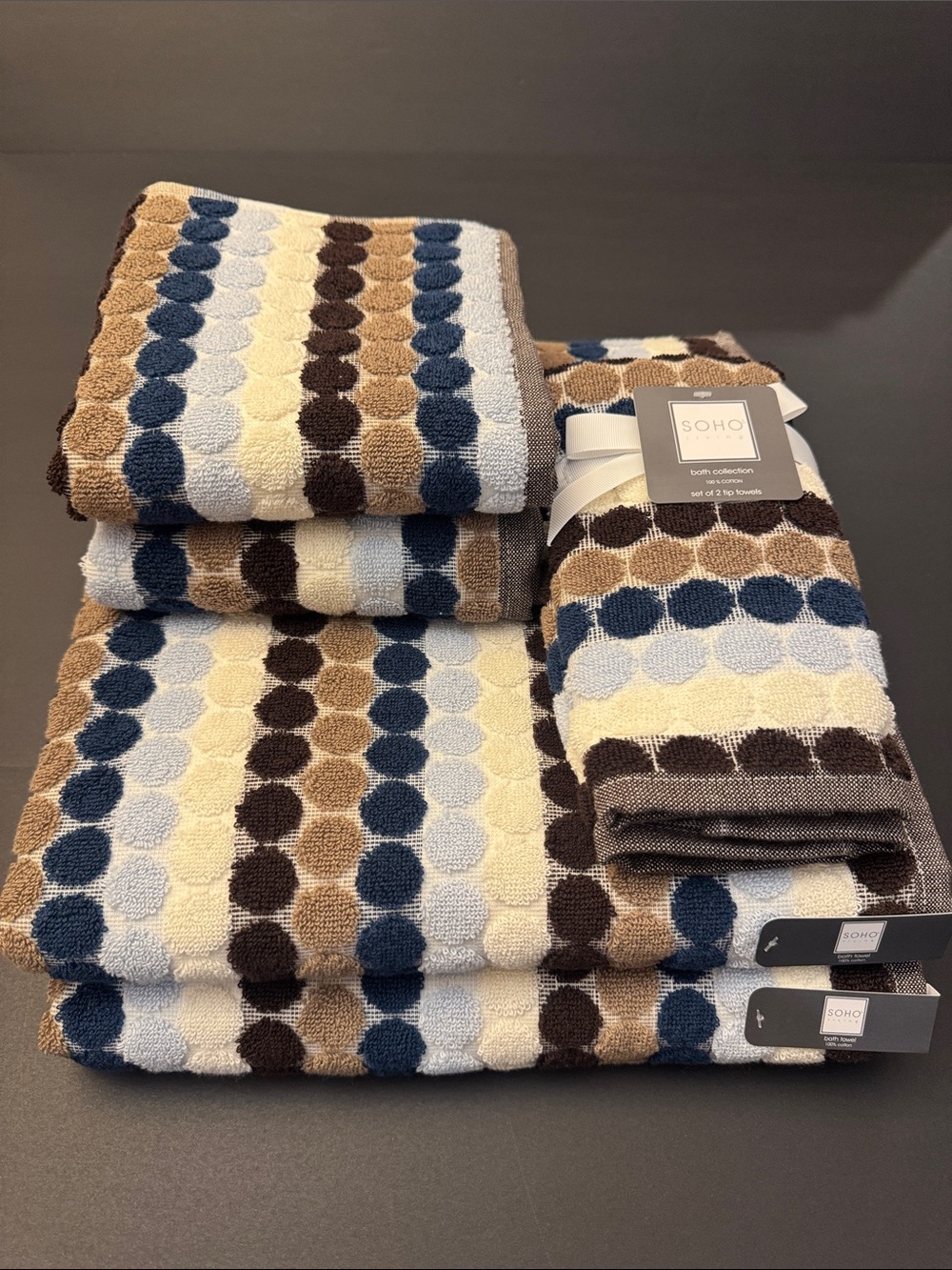 6pc SOHO Living 100% Cotton Penny Tile Dot/Stripe Bath Towel Set  - Blue/Brown